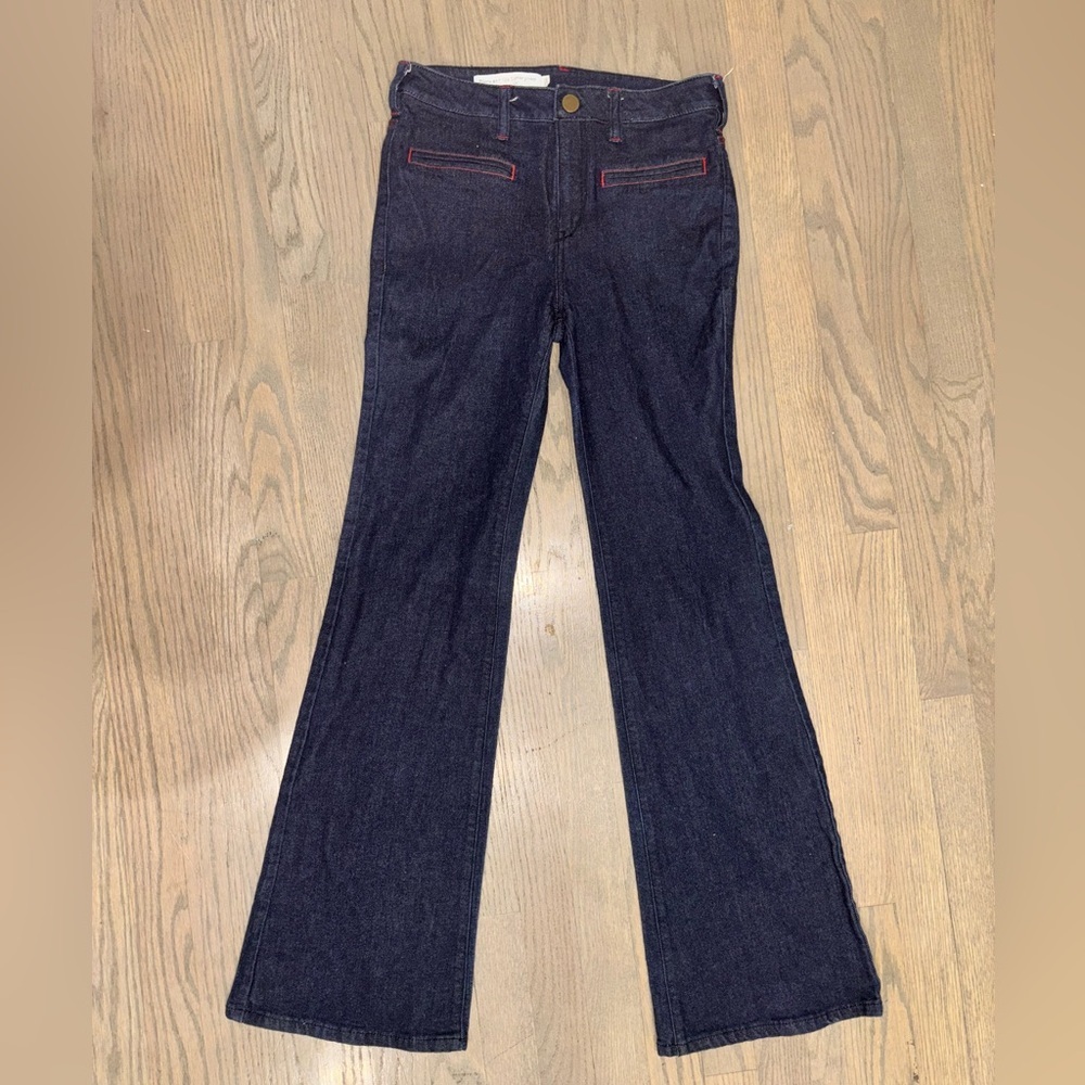 Pilcro and the Letterpress Navy Flare Jeans with Red Accents